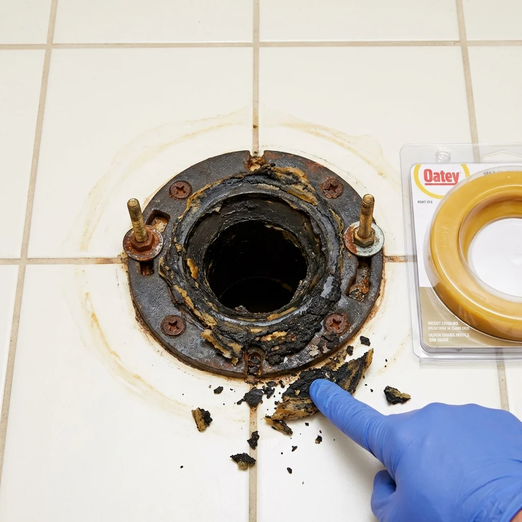 Failed wax ring showing water seepage at the base of a toilet in a Washington, IN home