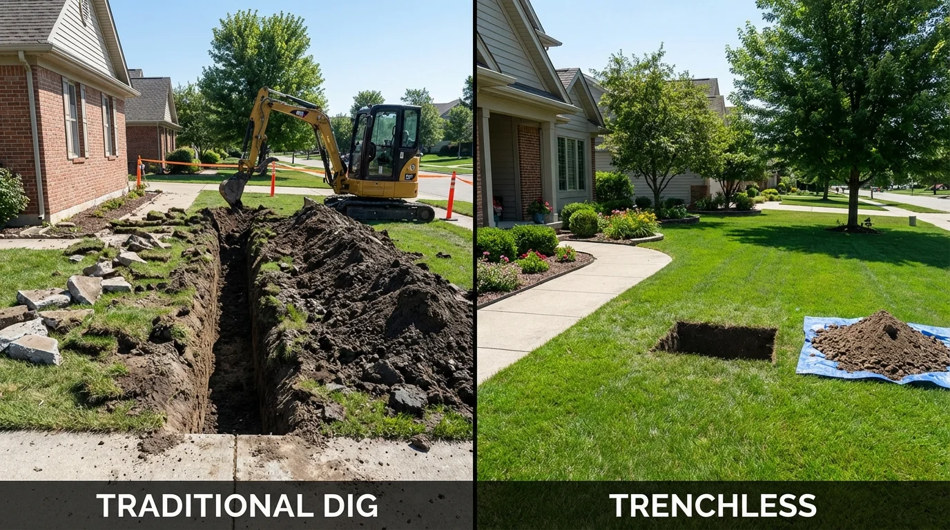 Trenchless sewer repair with minimal yard damage versus traditional excavation in Washington, IN