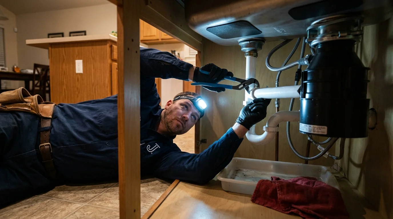 P-trap and supply line connections under a kitchen sink showing a common leak point in Washington, IN